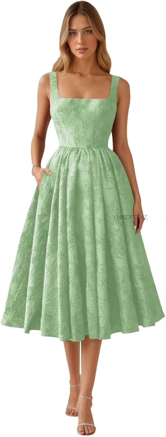 Floral Jacquard Satin Prom Dresses for Women Tea Length Formal Evening Party Dress with Pockets