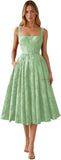 Floral Jacquard Satin Prom Dresses for Women Tea Length Formal Evening Party Dress with Pockets