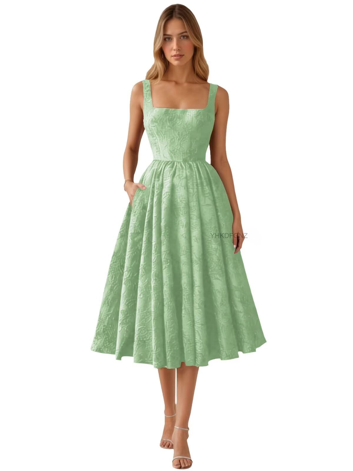 Floral Jacquard Satin Prom Dresses for Women Tea Length Formal Evening Party Dress with Pockets
