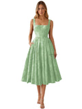 Floral Jacquard Satin Prom Dresses for Women Tea Length Formal Evening Party Dress with Pockets
