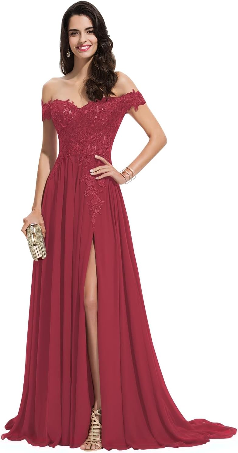 Women's Off The Shoulder Long Prom Dresses with Slit Lace Appliqued Chiffon Formal Party Gowns