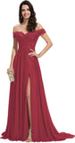 Women's Off The Shoulder Long Prom Dresses with Slit Lace Appliqued Chiffon Formal Party Gowns