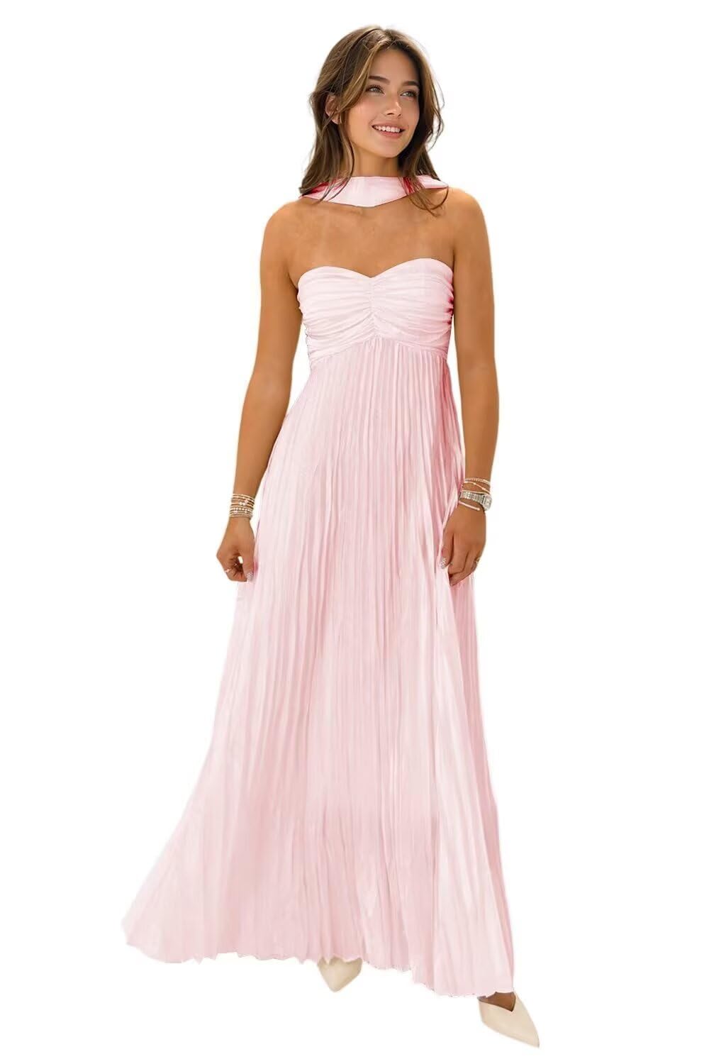 Women's Strapless Chiffon Bridesmaid Dresses with Scarf Long A-Line Pleated Formal Evening Dress