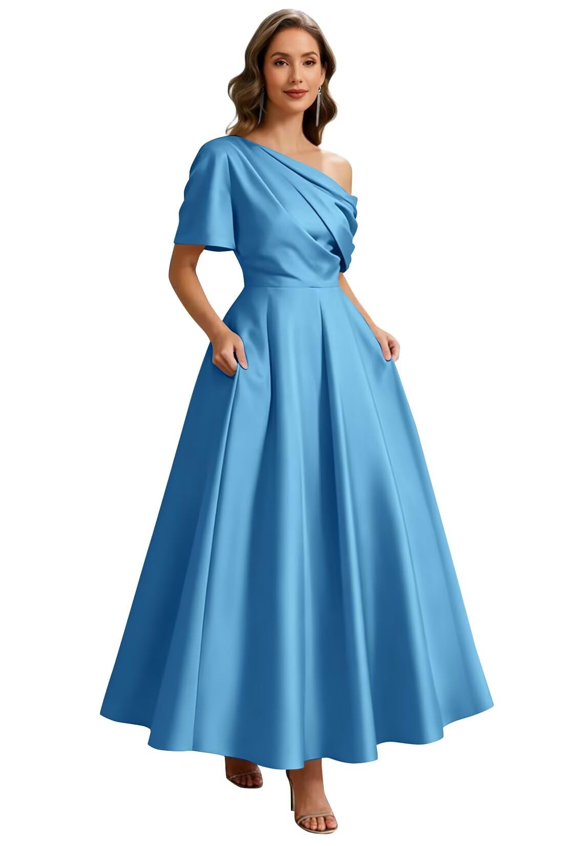 Kingbridal Satin Mother of The Bride Dresses for Women Tea Length Formal Dress One Shoulder Evening Party Gowns with Pockets