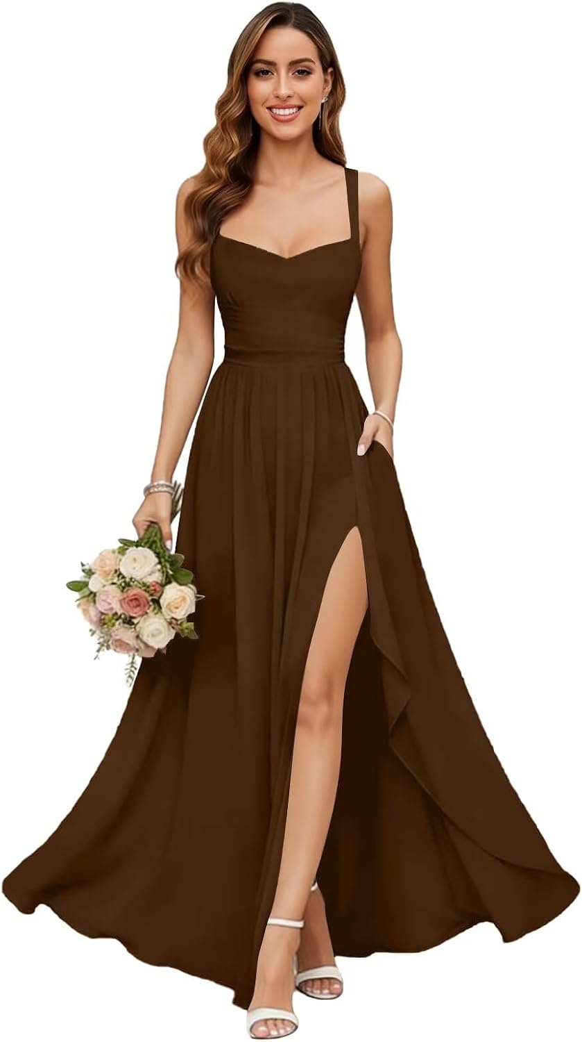 Chiffon Bridesmaid Dresses for Women Long Spaghetti Straps A-line Pleated Formal Evening Party Gowns with Pockets