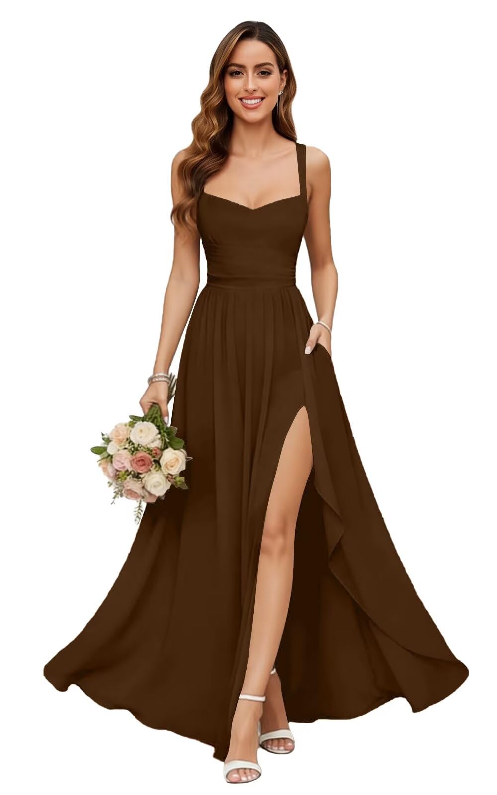 Chiffon Bridesmaid Dresses for Women Long Spaghetti Straps A-line Pleated Formal Evening Party Gowns with Pockets