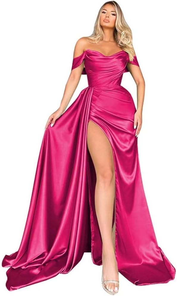 Off Shoulder Satin Bridesmaid Dresses Long Formal Gown for Wedding Ruched Prom Dress with Slit