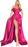 Off Shoulder Satin Bridesmaid Dresses Long Formal Gown for Wedding Ruched Prom Dress with Slit