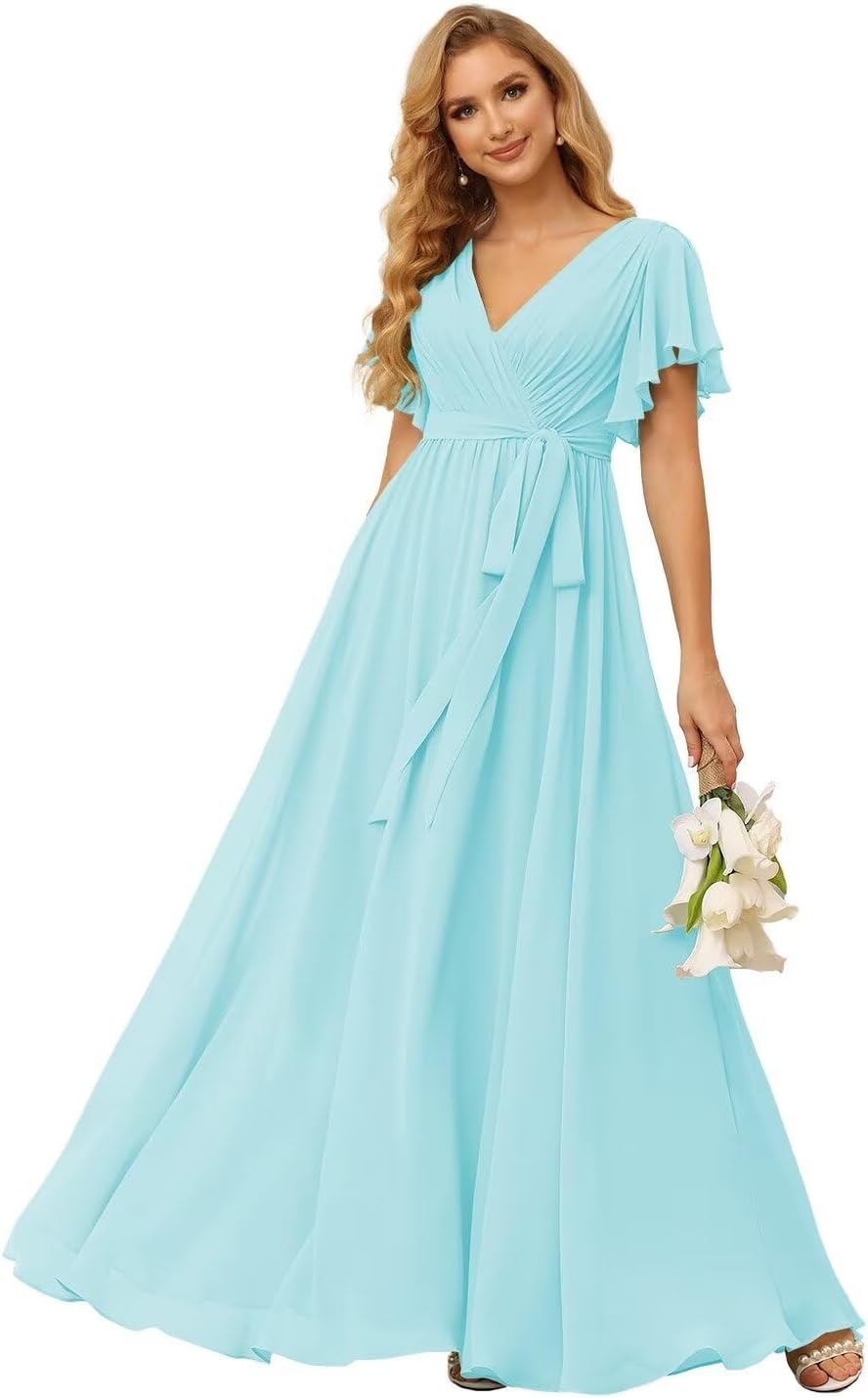 Damen Brautjungfernkleider mit Flatterärmeln, lang, mit Taschen, V-Ausschnitt, Chiffon, formelle Kleider 