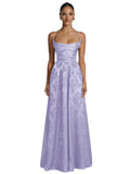 Floral Jacquard Prom Dresses for Women Spaghetti Straps A Line Satin Cowl Neck Formal Evening Party Dress