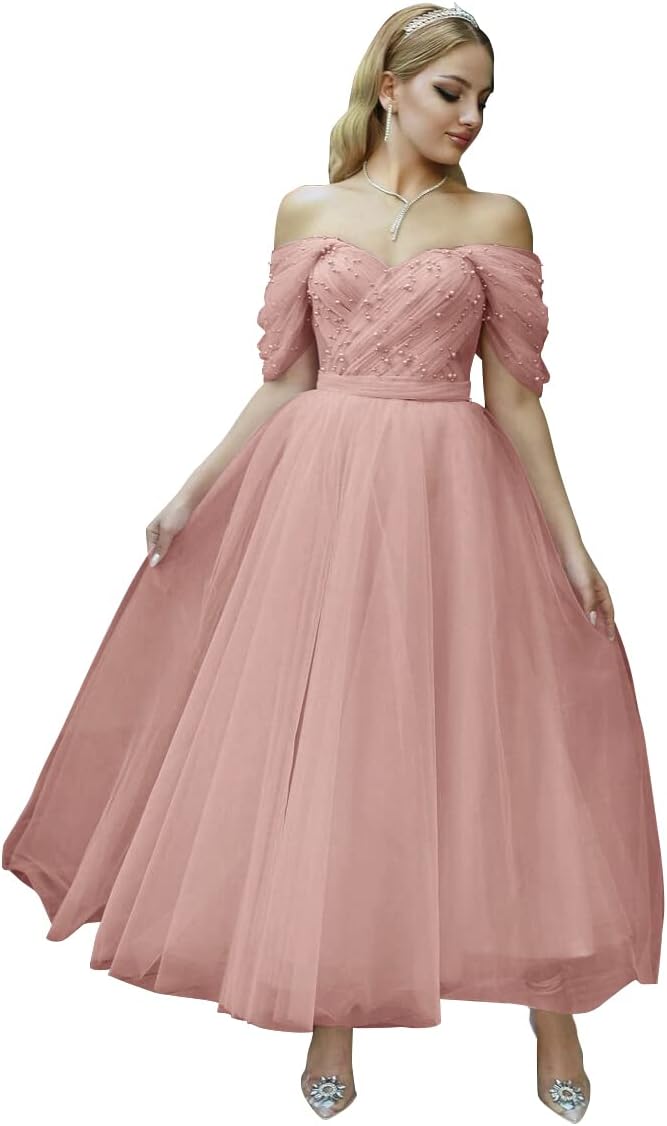 Tulle Tea Length Prom Dresses for Women Off The Shoulder Ball Gowns Teens Sweetheart Beaded Puffy Princess Dress