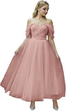 Tulle Tea Length Prom Dresses for Women Off The Shoulder Ball Gowns Teens Sweetheart Beaded Puffy Princess Dress