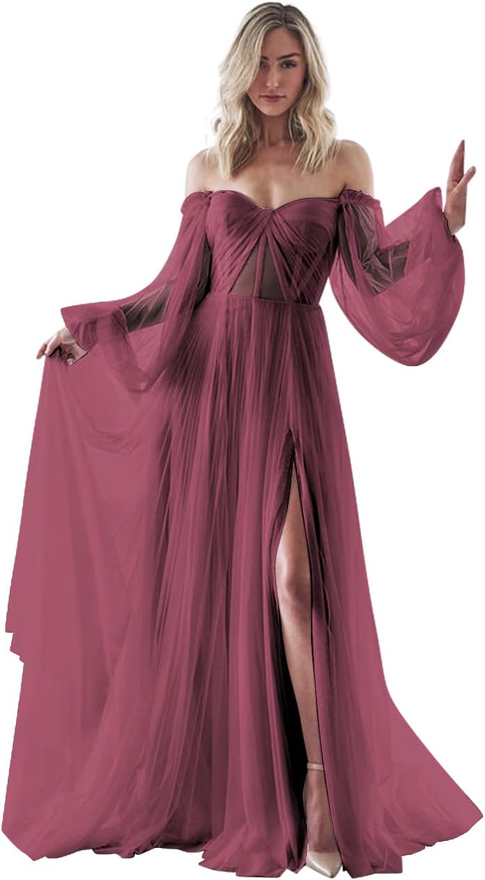 Women's Puffy Long Sleeve Prom Dresses with Slit Off Shoulder Tulle Wedding Formal Evening Gowns
