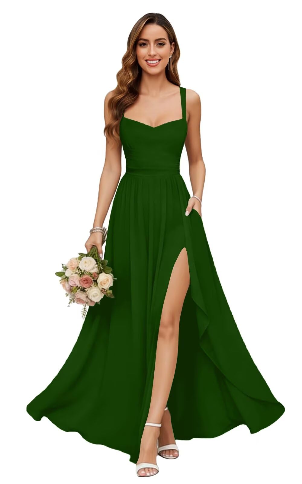 Chiffon Bridesmaid Dresses for Women Long Spaghetti Straps A-line Pleated Formal Evening Party Gowns with Pockets