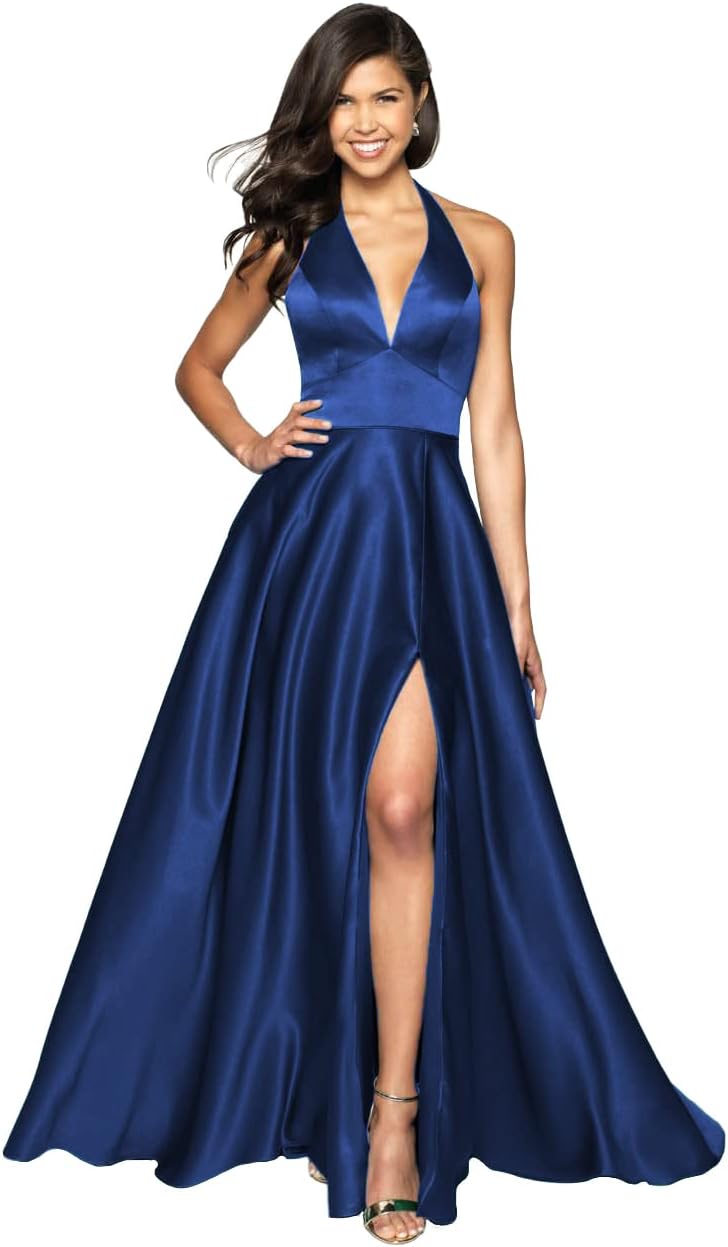 Womens Satin Prom Dresses Long with Slit Halter Evening Formal Gowns for Women with Pockets