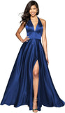 Womens Satin Prom Dresses Long with Slit Halter Evening Formal Gowns for Women with Pockets