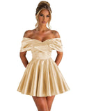 Off Shoulder Satin Homecoming Dresses for Teens 2026 Short Prom Dress A-line Pleated Cocktail Party Gowns
