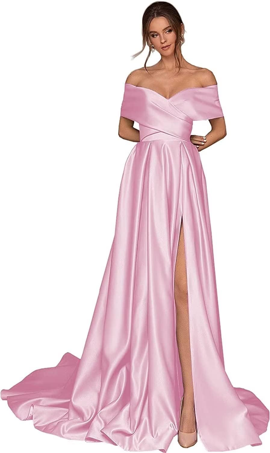Women's Off Shoulder Long Prom Dresses with Slit 2025 Satin A-Line Sweetheart Corset Formal Evening Dresses with Pockets