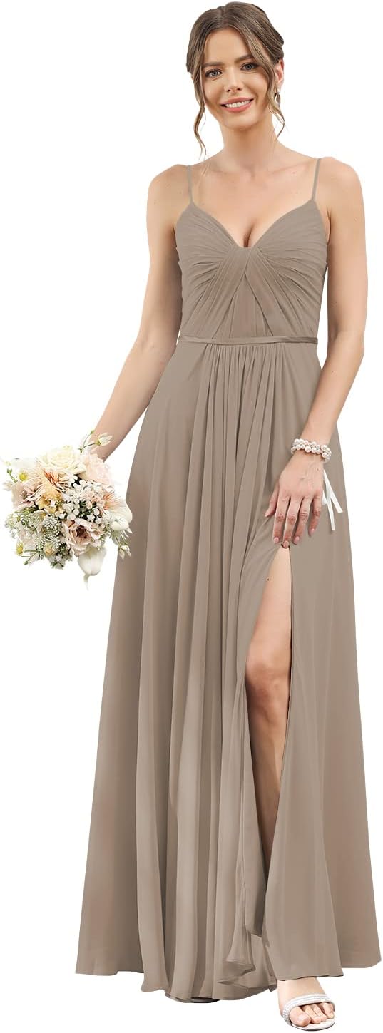 Vestidos de dama de honor largos con tirantes finos y bolsillos, plisados, formales, de noche, con abertura 
