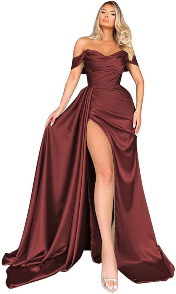 Off Shoulder Satin Bridesmaid Dresses Long Formal Gown for Wedding Ruched Prom Dress with Slit