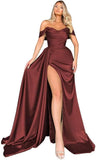 Off Shoulder Satin Bridesmaid Dresses Long Formal Gown for Wedding Ruched Prom Dress with Slit