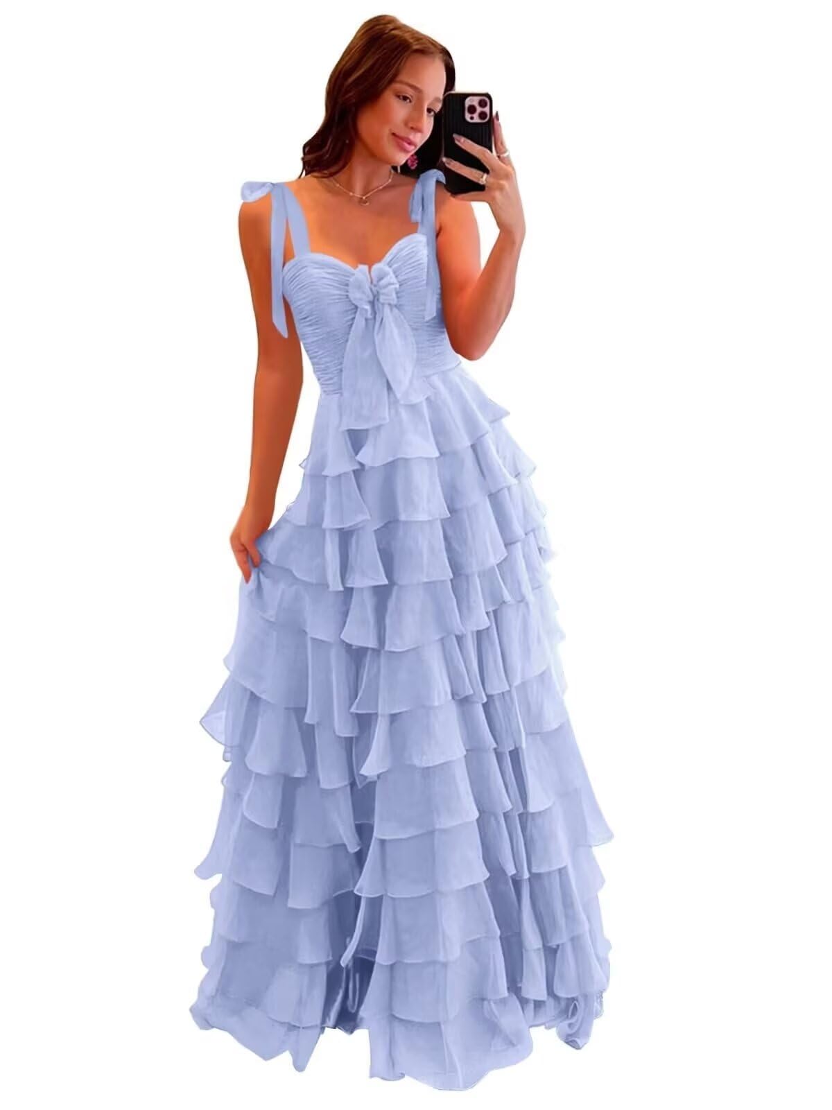 Tiered Prom Dresses with Bow Long A-Line Chiffon Formal Evening Dress for Women Spaghetti Straps Slit Ball Gown