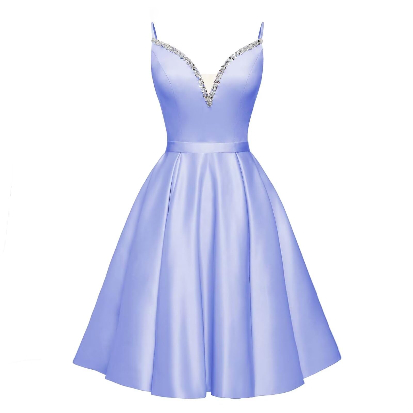 Spaghetti Straps Satin Homecoming Dresses for Teens V-Neck Short Prom Dress A-Line Beaded Cocktail Party Gowns