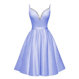 Spaghetti Straps Satin Homecoming Dresses for Teens V-Neck Short Prom Dress A-Line Beaded Cocktail Party Gowns