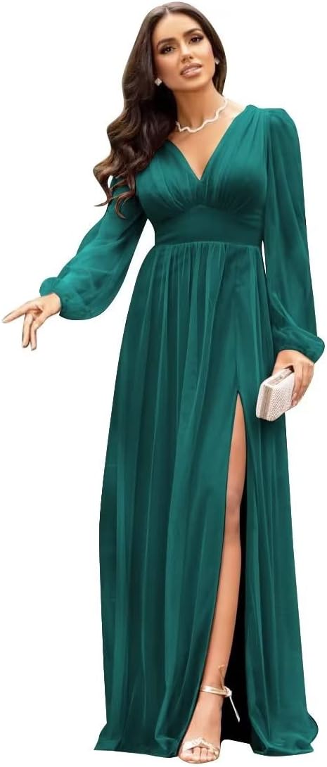 Langärmlige Brautjungfernkleider für Hochzeiten, V-Ausschnitt, formelles Kleid mit Schlitz, Chiffon-Ballkleid