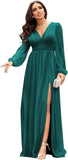 Langärmlige Brautjungfernkleider für Hochzeiten, V-Ausschnitt, formelles Kleid mit Schlitz, Chiffon-Ballkleid