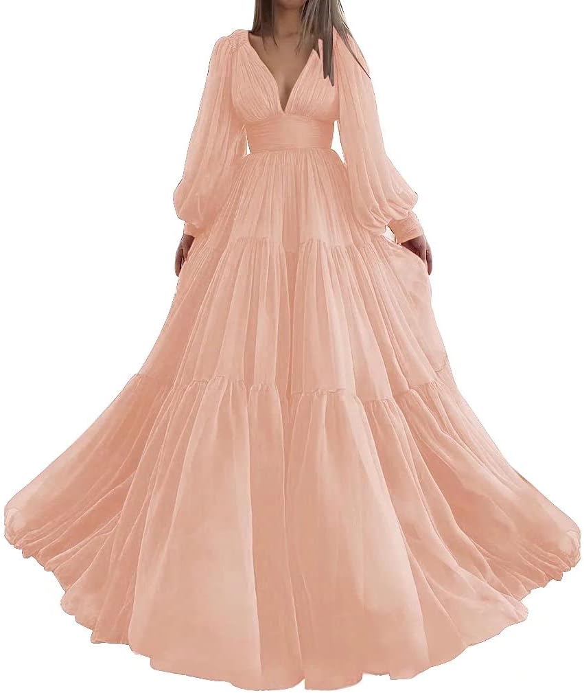 Langes Ballkleid mit Puffärmeln, Tüll, Ballkleid für Damen, Brautkleider, V-Ausschnitt, formelle Abendkleider