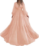 Langes Ballkleid mit Puffärmeln, Tüll, Ballkleid für Damen, Brautkleider, V-Ausschnitt, formelle Abendkleider