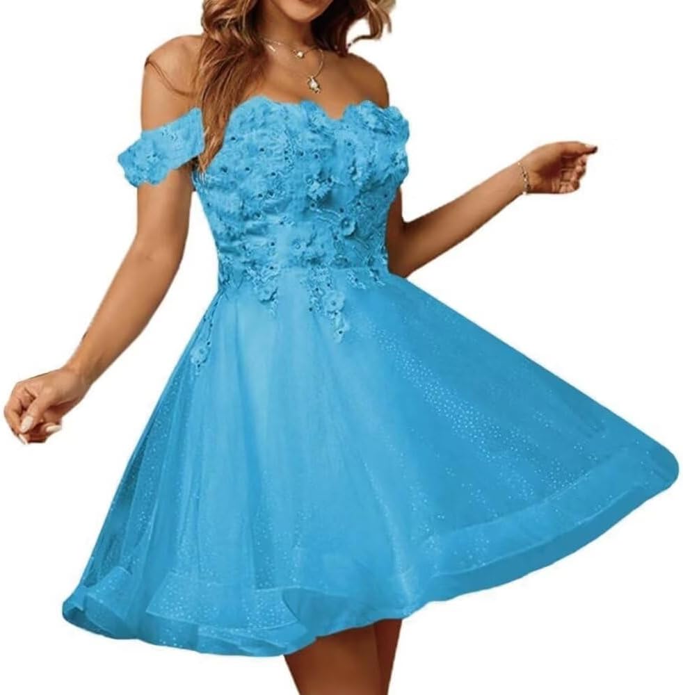Sparkly Tulle Homecoming Dresses for Teens 2027 3D Flowers Cocktail Gowns Off Shoulder Short Prom Dresses