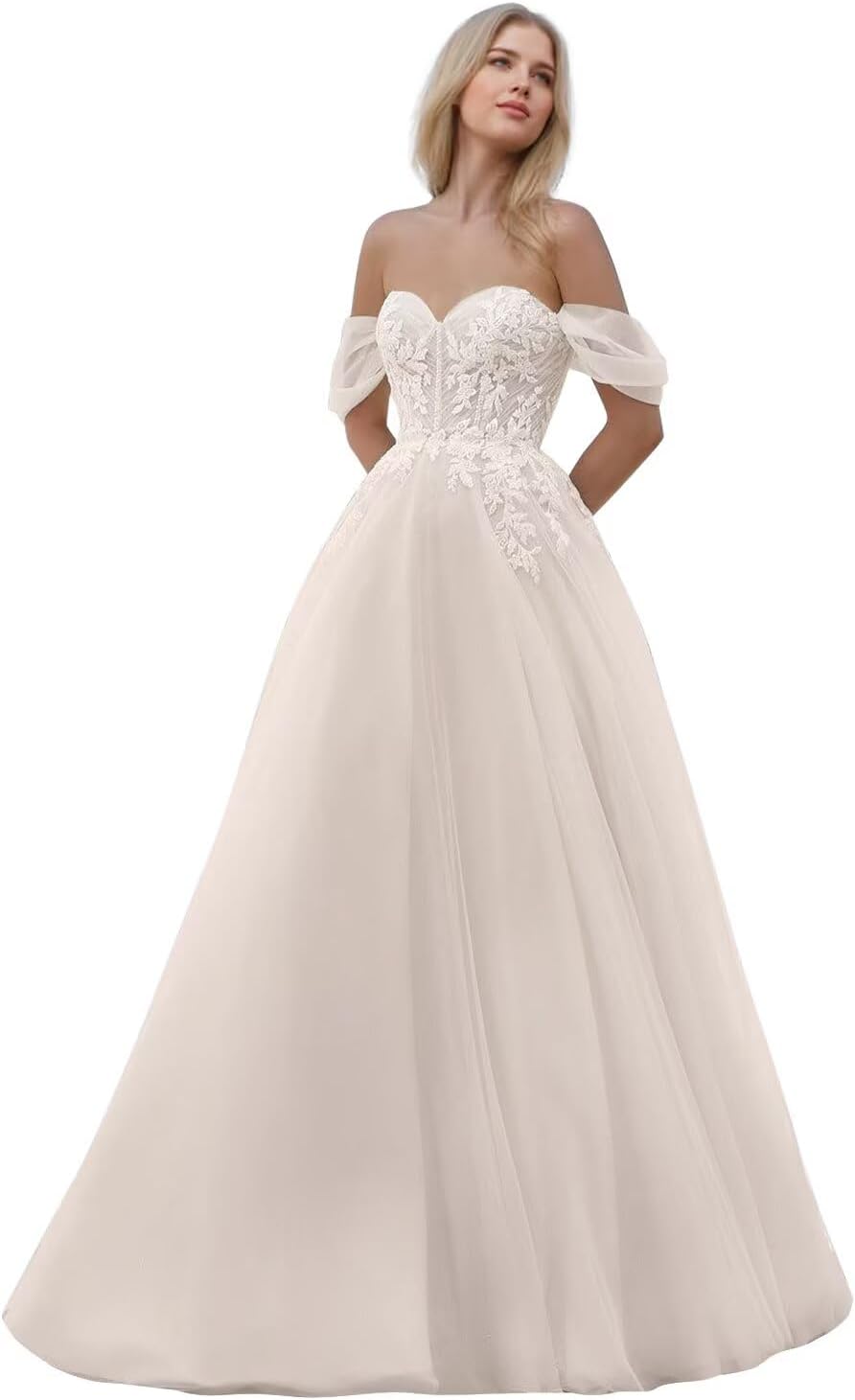 Kingbridal Gowns Lace Appliques Wedding Dresses for Bride Long V Neck Tulle Chiffon A-line Sleeveless Bridal Ball Gown for Women