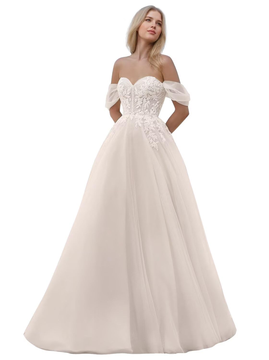 Kingbridal Gowns Lace Appliques Wedding Dresses for Bride Long V Neck Tulle Chiffon A-line Sleeveless Bridal Ball Gown for Women