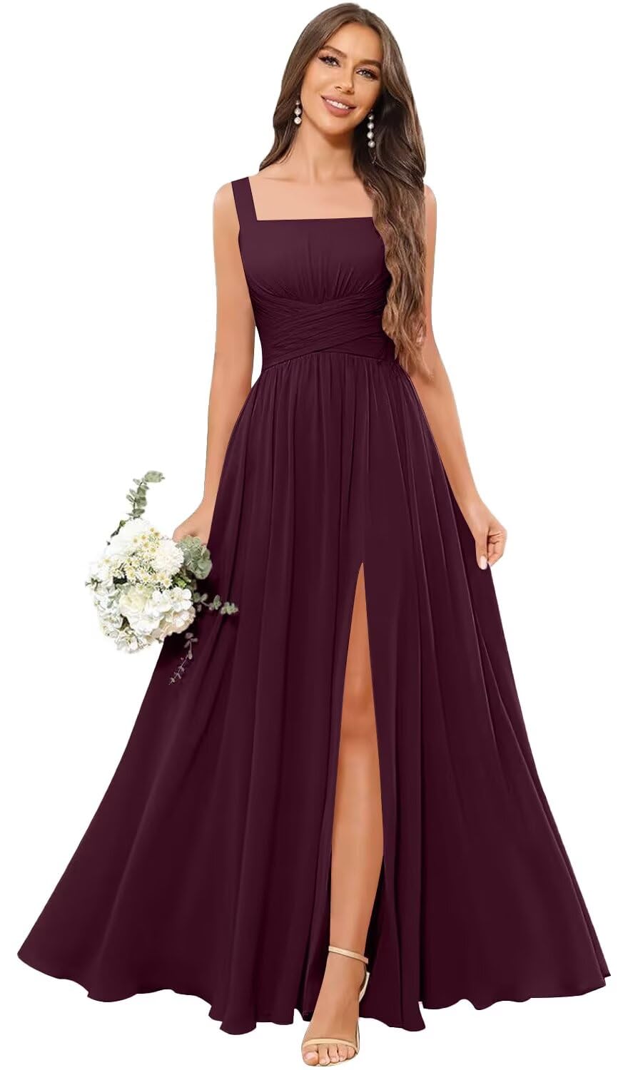Kingbridal Chiffon A-line Bridesmaid Dresses for Women 2027 Long Square Neck Pleated Formal Evening Party Dress with Slit