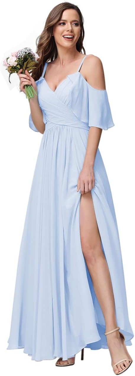 Women's Long Spaghetti Straps Bridesmaid Dress with Slit Off Shoulder Chiffon Formal Party Gowns