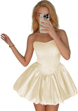 Strapless Satin Homecoming Dresses for Teens Jacquard Short Prom Dress A-line Cocktail Party Gowns with Pockets