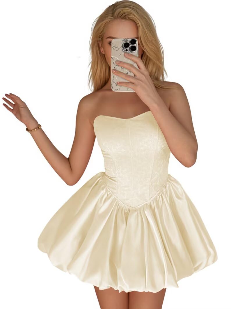 Strapless Satin Homecoming Dresses for Teens Jacquard Short Prom Dress A-line Cocktail Party Gowns with Pockets