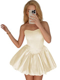 Strapless Satin Homecoming Dresses for Teens Jacquard Short Prom Dress A-line Cocktail Party Gowns with Pockets
