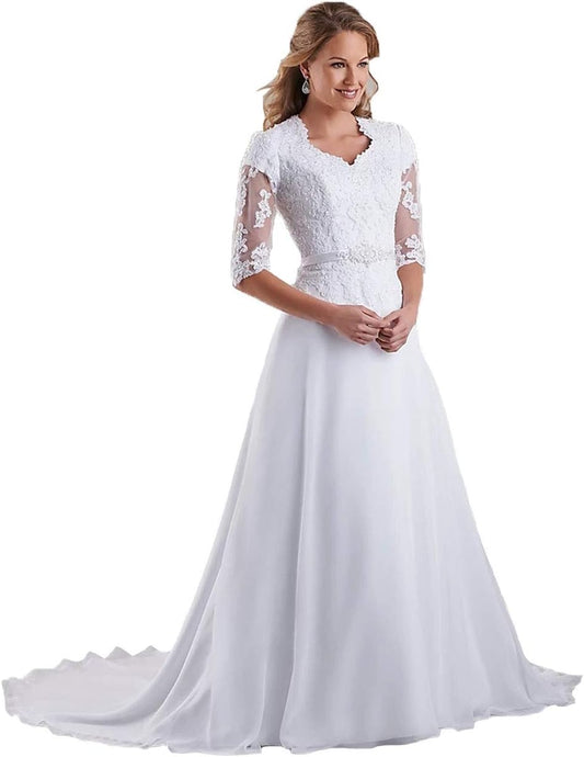 Women's Elegant Lace Beach Wedding Dresses for Bride with Sleeves Wedding Bridal Gowns