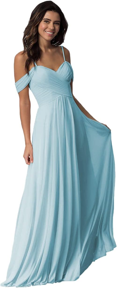 Schulterfreies Chiffon-Brautjungfernkleid mit Taschen für die Hochzeit 