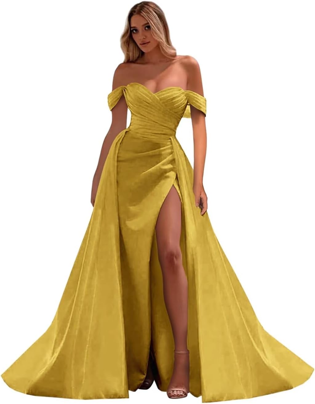 Vestidos de fiesta de satén con hombros descubiertos, corte sirena, fruncido, de noche formal, para mujer 
