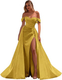 Vestidos de fiesta de satén con hombros descubiertos, corte sirena, fruncido, de noche formal, para mujer 