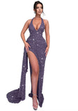 Sparkly Sequin Halter Prom Dresses for Women Mermaid Formal Dress with Slit Backless Ruched Evening Party Gowns
