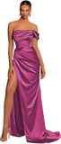 One Shoulder Mermaid Bridesmaid Dresses with Slit 2025 Pleats Satin Formal Evening Gowns for Women