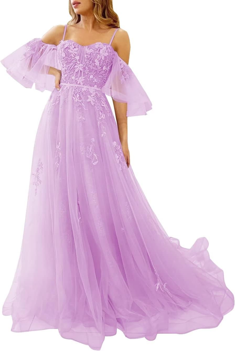 Vestidos de fiesta de tul con hombros descubiertos para adolescentes, vestidos formales con apliques de encaje, vestido de fiesta de noche formal de línea A