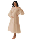 Eightale Tulle Tea Length Maternity Dresses for Photo Shoot Long Sleeve Pregnancy Gown for Baby Shower