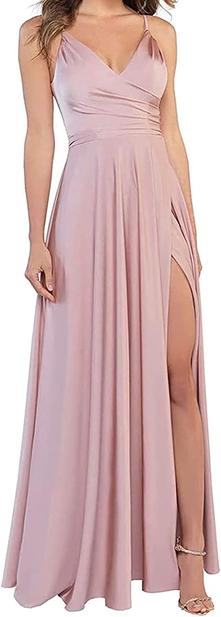 Lange Brautjungfernkleider für Frauen, formelle Satin-Spaghettiträger, Abschlussball- und Abendkleider 