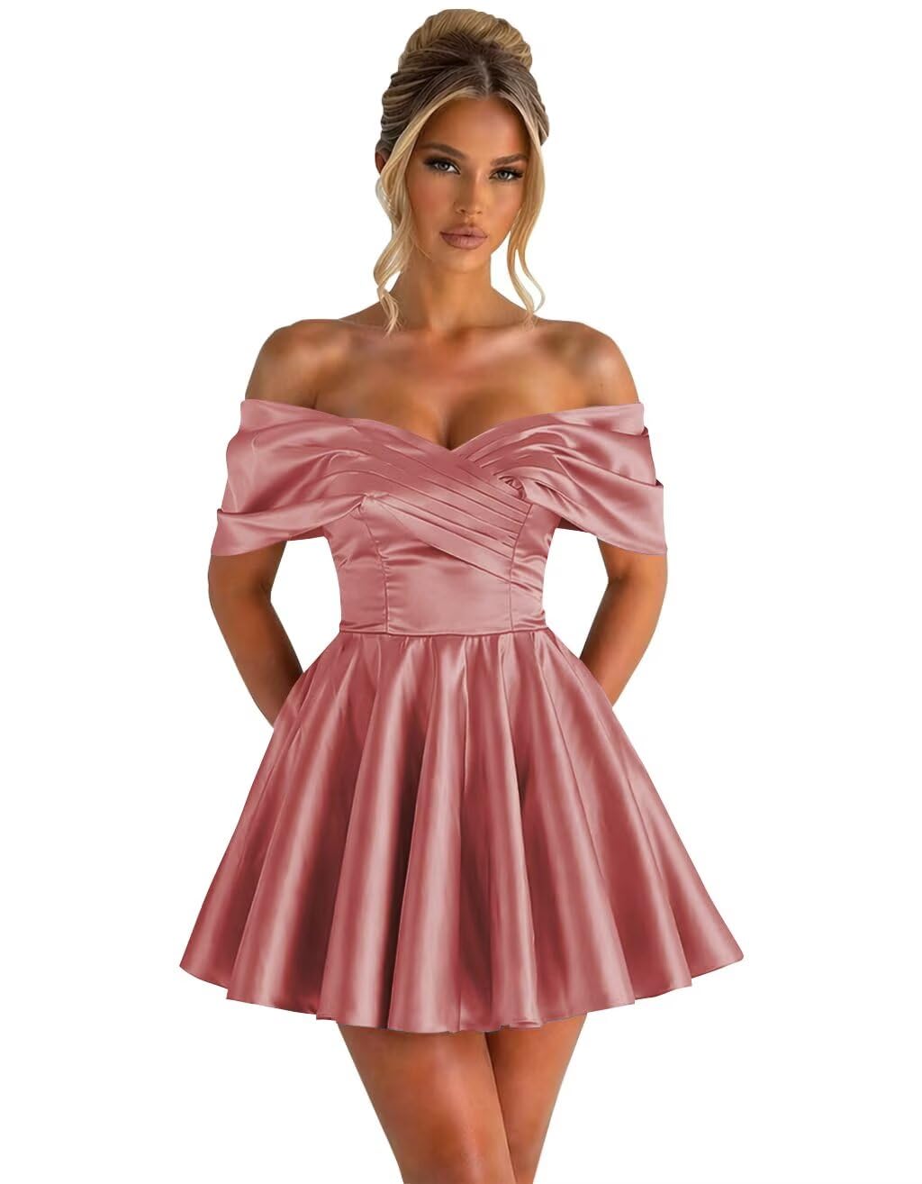 Off Shoulder Satin Homecoming Dresses for Teens 2026 Short Prom Dress A-line Pleated Cocktail Party Gowns